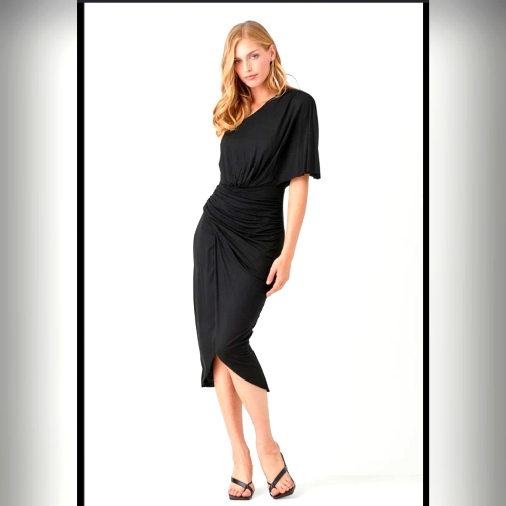 HALO TAWNY BLACK MIDI ROUCHED DRESS SIZE LARGE